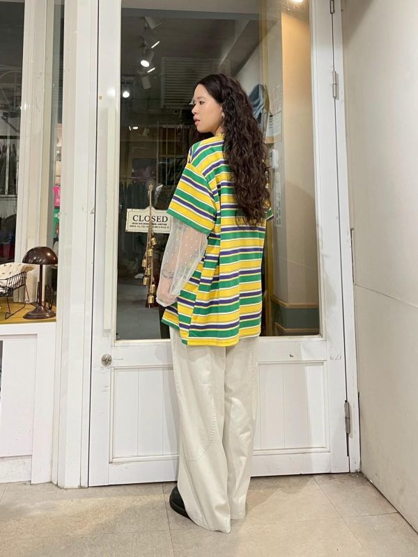 撞色條紋拼接波點假兩件落肩寬鬆上衣 