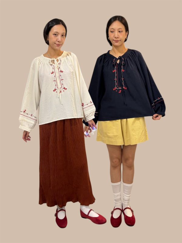 波希米亞刺繡綁帶長袖上衣 