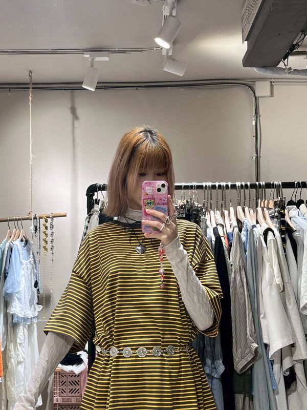 羅紋領雙色條紋純棉長版tee 
