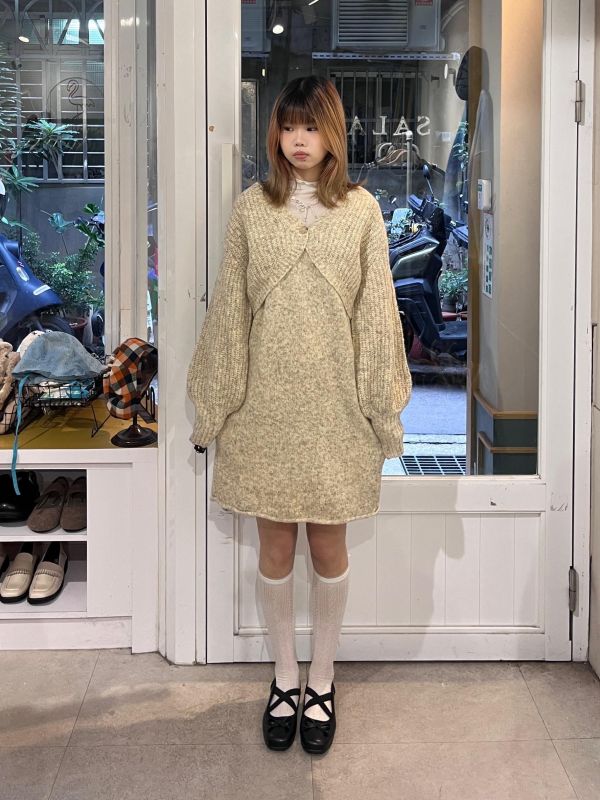 混線針織罩衫+吊帶洋裝兩件套 