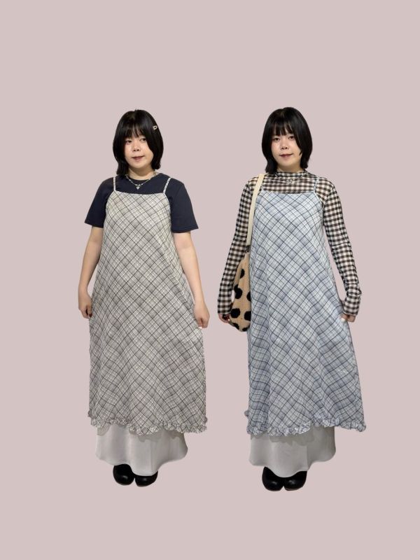 菱紋後鬆緊開叉捲邊下擺吊帶洋裝 