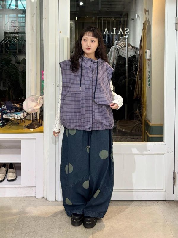 葡萄色格紋不對稱口袋連帽背心 