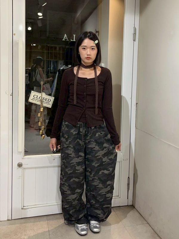 迷彩褲管抽繩鬆緊腰長褲 