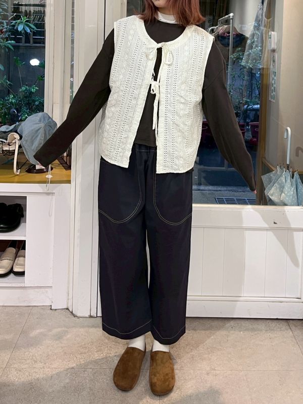 藏藍拼腰果花明線帆布長褲 