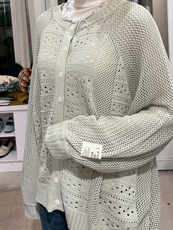 針織鏤空排扣字母小標落肩上衣 