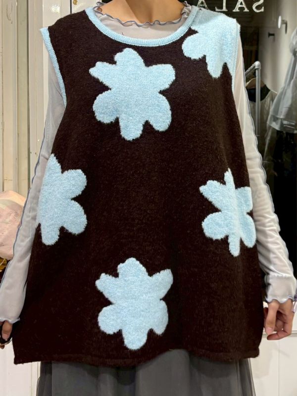 撞色藍花針織背心 