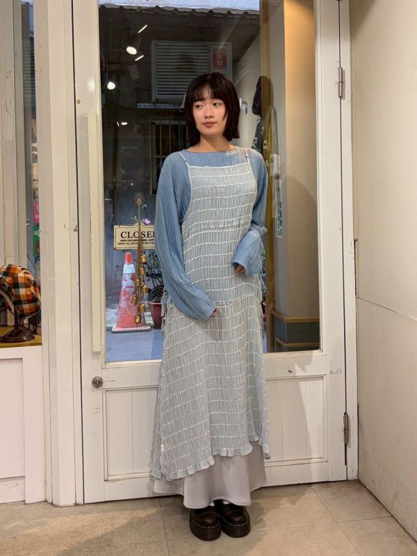 抓皺長方格測綁帶紗質長罩衫 