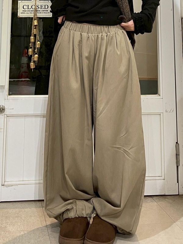 素色縮褲管氣球鬆緊腰寬褲 
