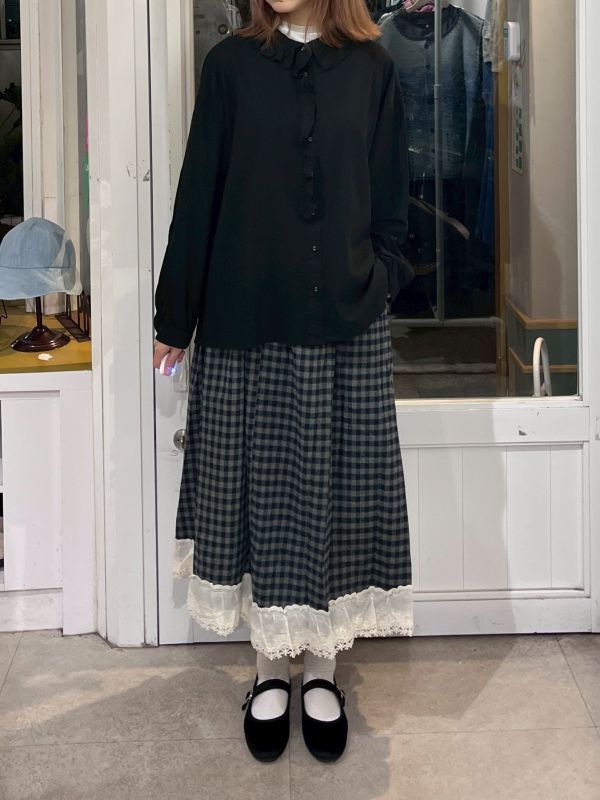 復古格紋拼接蕾絲長裙 