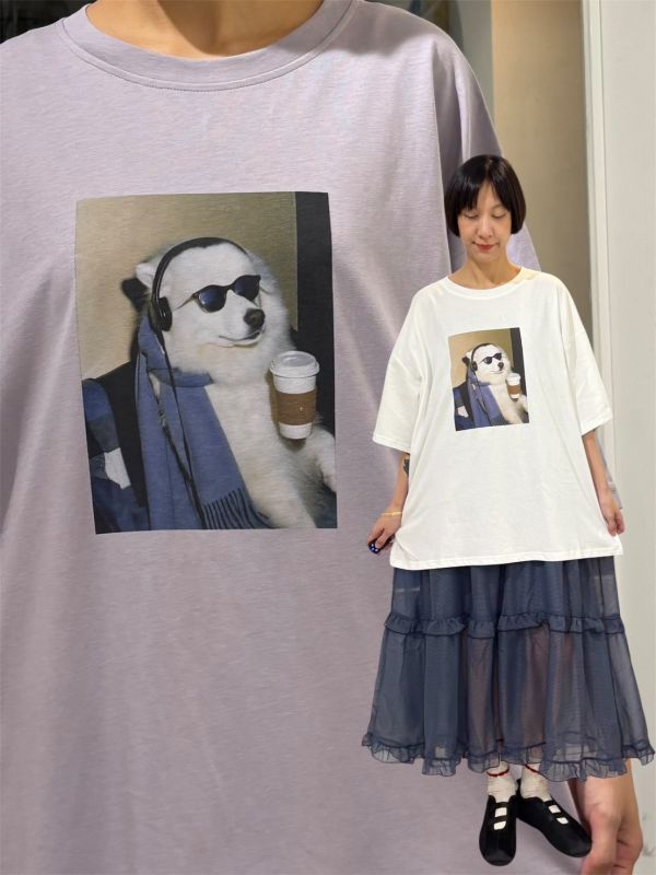 耳機墨鏡狗狗喝咖啡tee 