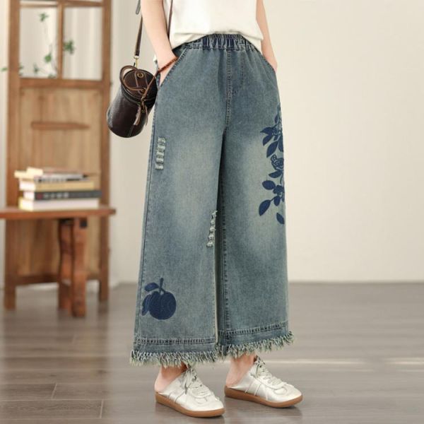 褲子 - F6225 文藝刺繡抽鬚牛仔褲【F碼】 