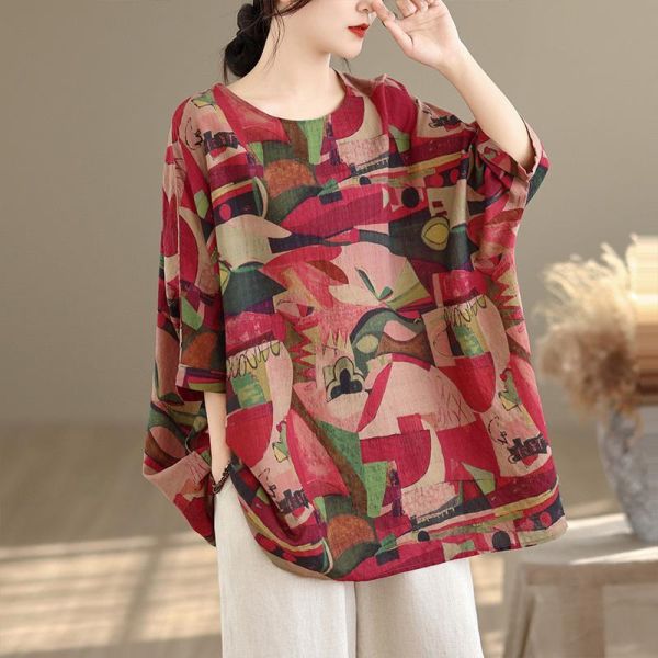 上衣 - A8127 紅調幾何oversize寬鬆上衣【加大F】 