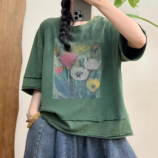 上衣 - F6231 復古仿舊花朵寬鬆上衣【加大F】 