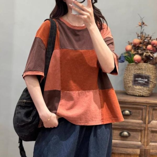 上衣 - F6217 橘調撞色拼接上衣【加大F】 
