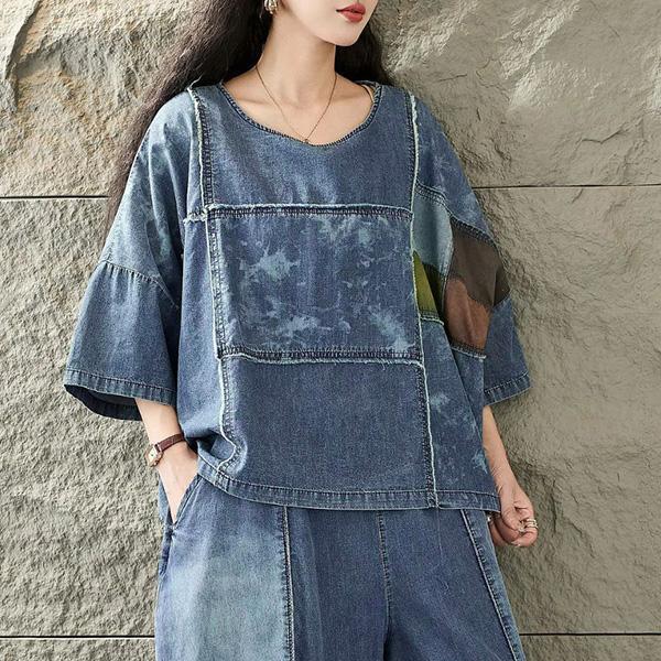 上衣 - F6250 牛仔拼接短版上衣【加大F】 