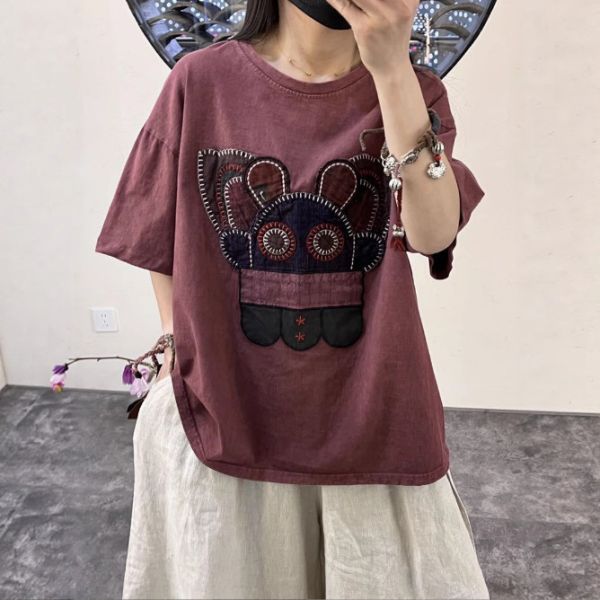 上衣 - F6057 小動物圍巾刺繡寬鬆上衣【加大F】 
