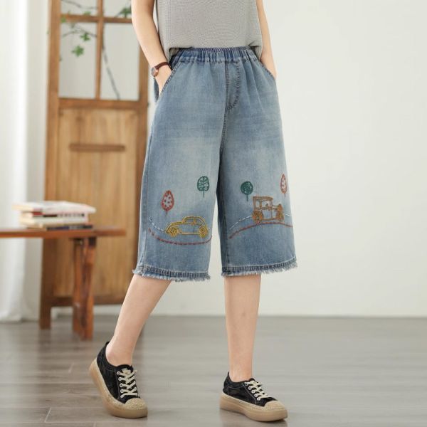 褲子 - F6154 童趣刺繡牛仔五分褲【F碼】 