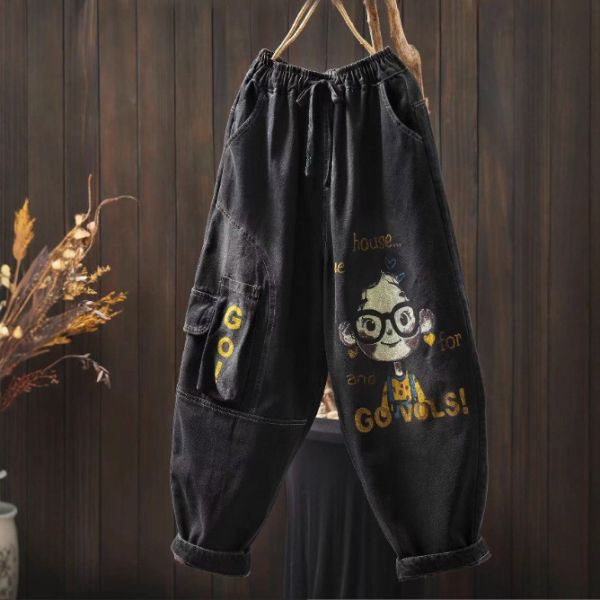 褲子 - F6159 復古黑女孩印花牛仔褲【F碼】 