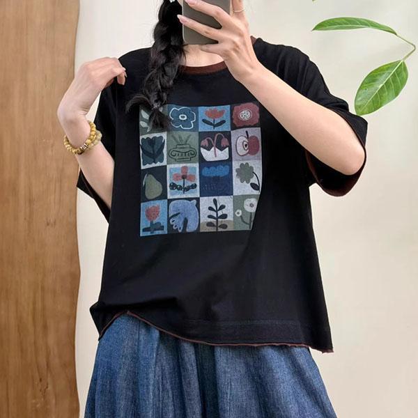 上衣 - F6229 方塊花朵撞色邊上衣【加大F】 