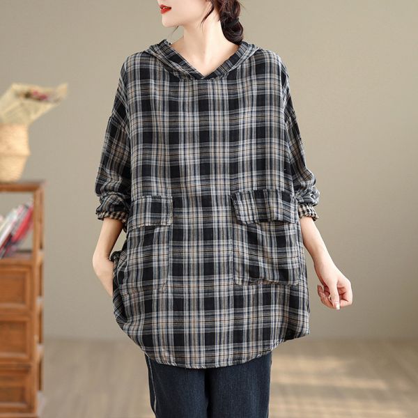 上衣 - A8104 格紋連帽長上衣【加大F】 
