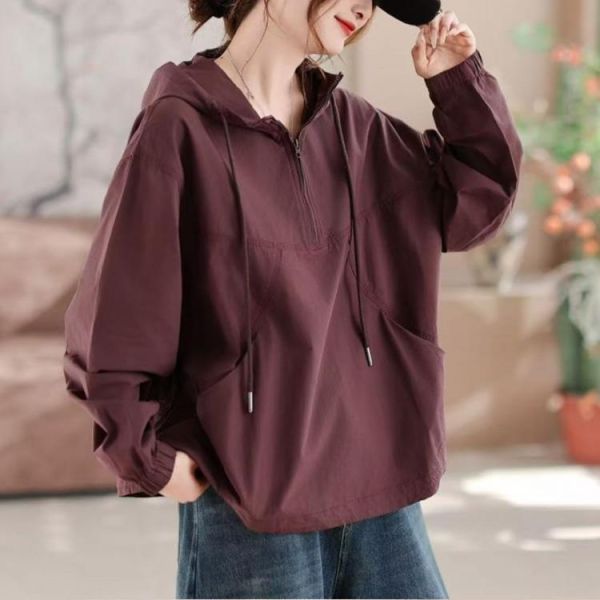 上衣 - F6221 酒紅寬鬆連帽上衣【加大F】 