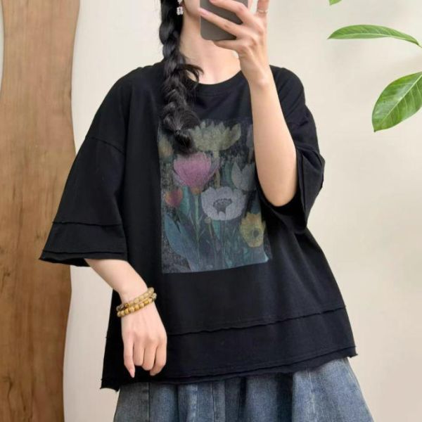 上衣 - F6293 復古仿舊花朵寬鬆上衣【加大F】 