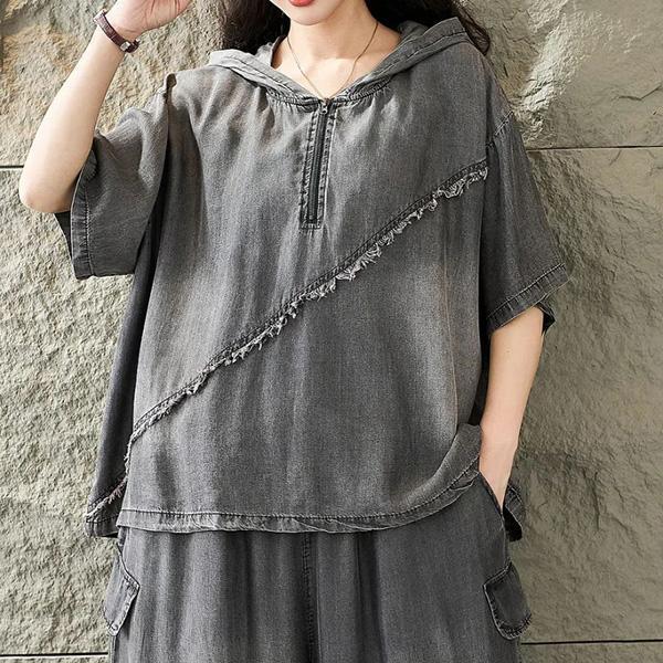 上衣 - F6268 牛仔鬚拉鍊連帽上衣【加大F】 