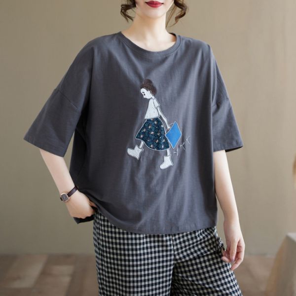 上衣 - A8018 女孩走走貼布刺繡上衣【加大F】 