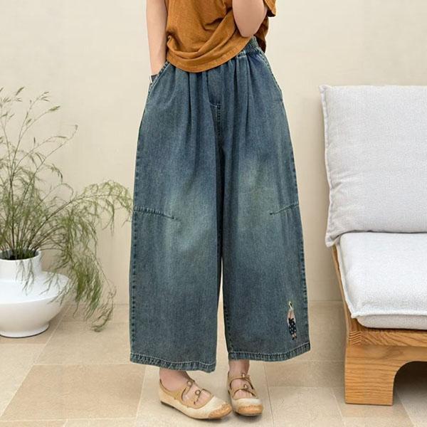 褲子 - F6232 小人物刺繡牛仔褲【F碼】 