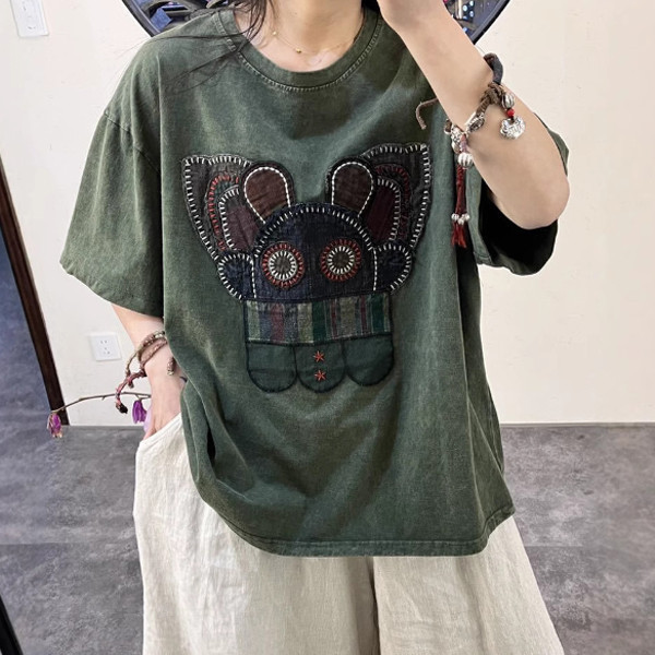上衣 - F6057 小動物圍巾刺繡寬鬆上衣【加大F】 