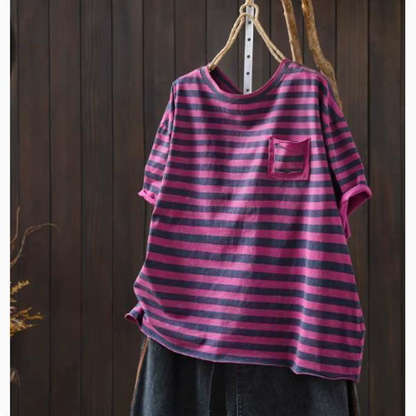 上衣 - F6200 仿舊暈染不收邊條紋上衣【加大F】 