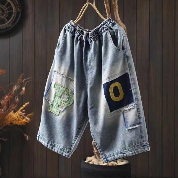 褲子 - F6160 字母拼布牛仔短褲【F碼】 