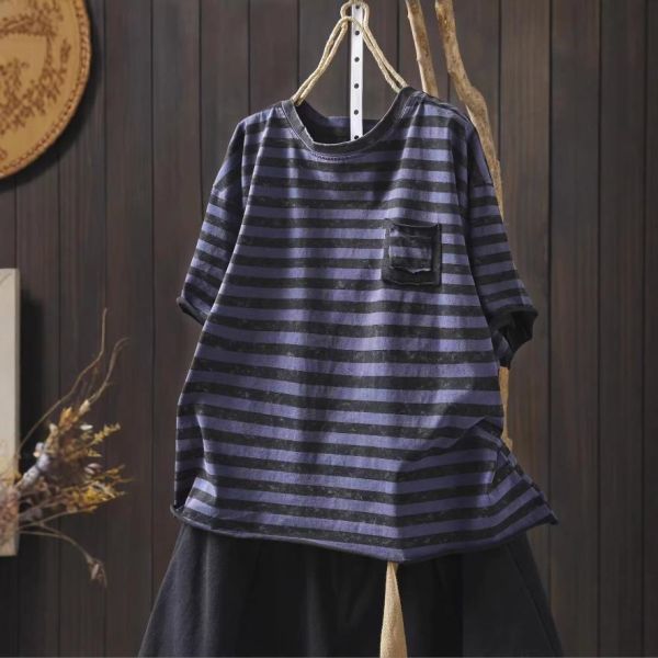 上衣 - F6200 仿舊暈染不收邊條紋上衣【加大F】 