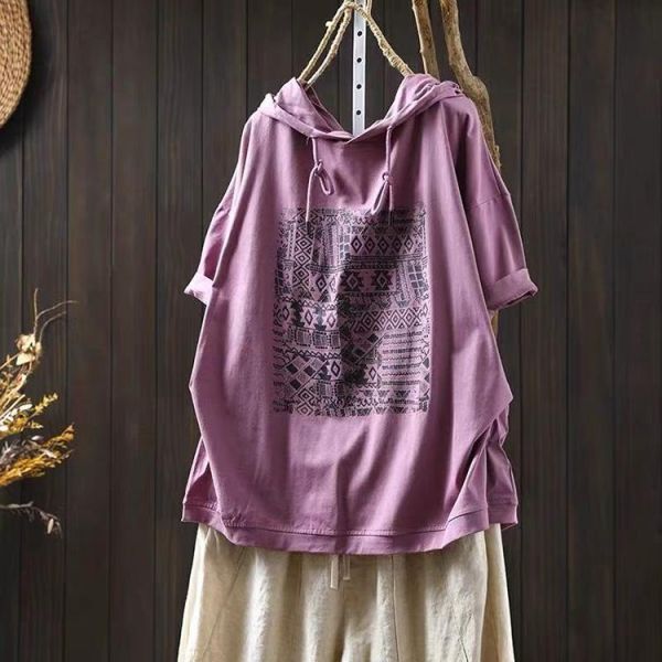 上衣 - F6265 粉色圖騰連帽上衣【F碼】 