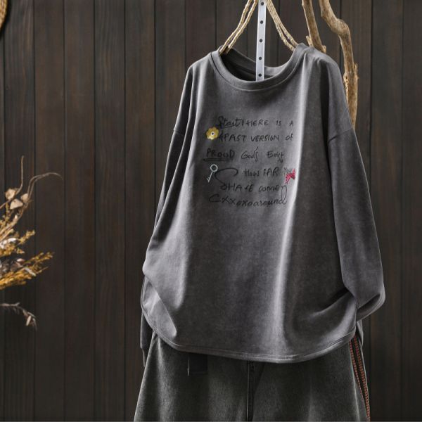 上衣 - F6174 復古雪花布刺繡字母上衣【加大F】 