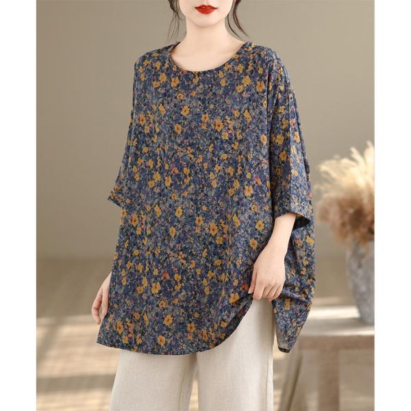 上衣 - A8125 藍調小碎花oversize寬鬆上衣【加大F】 