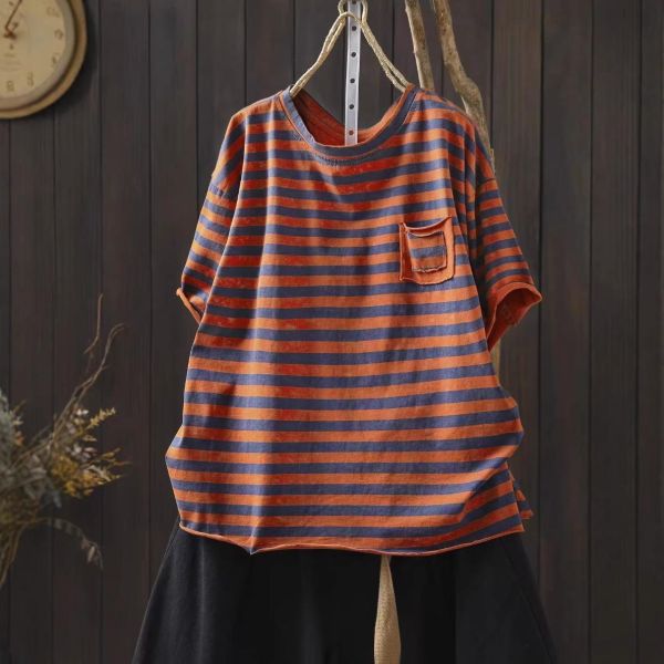上衣 - F6200 仿舊暈染不收邊條紋上衣【加大F】 