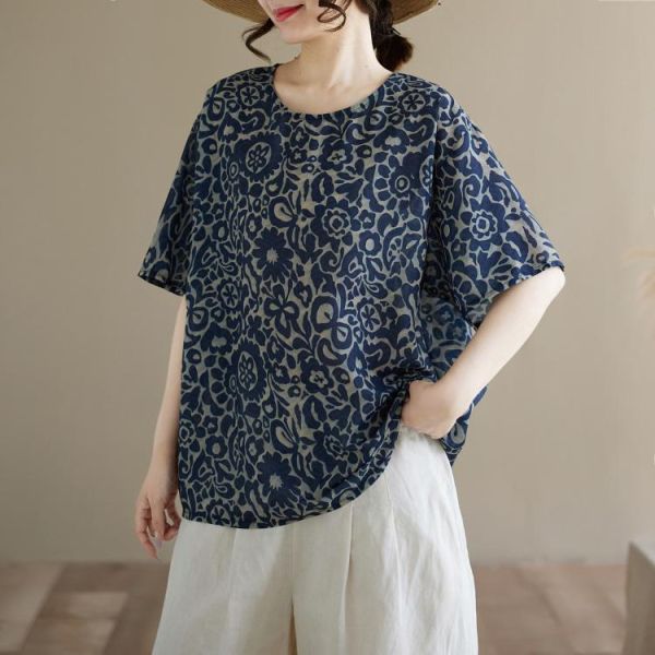 上衣 - A8129 藍花圖騰寬鬆上衣【加大F】 