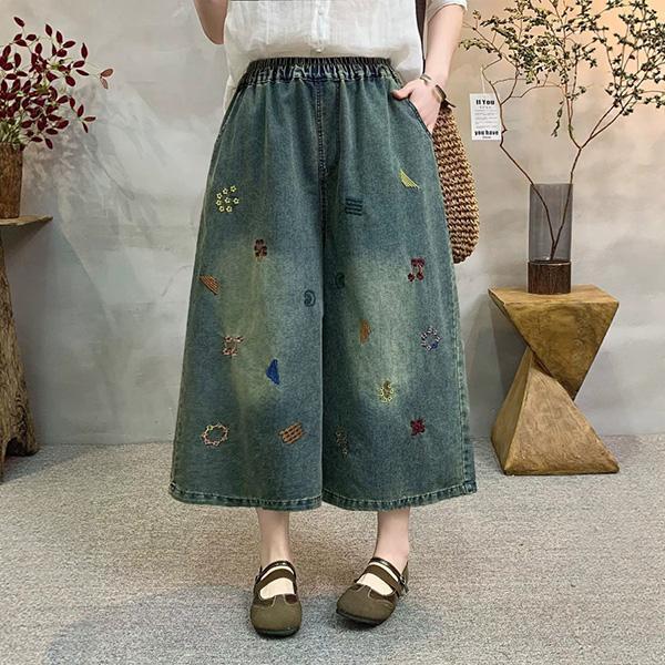 褲子 - F6274 復古牛藍刺繡寬褲【F碼】 