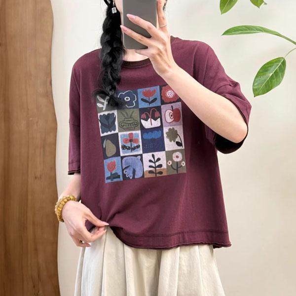 上衣 - F6229 方塊花朵撞色邊上衣【加大F】 