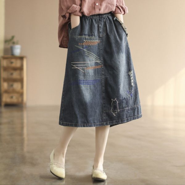 裙子 - F6142 復古藍刺繡牛仔裙【F碼】 