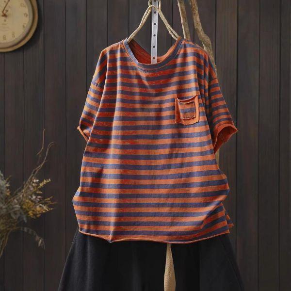 上衣 - F6200 仿舊暈染不收邊條紋上衣【加大F】 