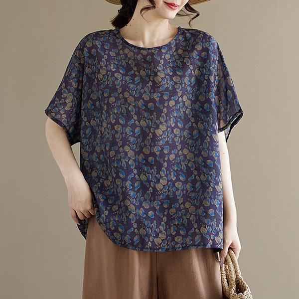 上衣 - A8128 文藝紫藍碎花寬鬆上衣【加大F】 