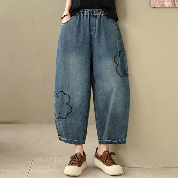 褲子 - B8146 四葉草刺繡牛仔褲【F碼】 