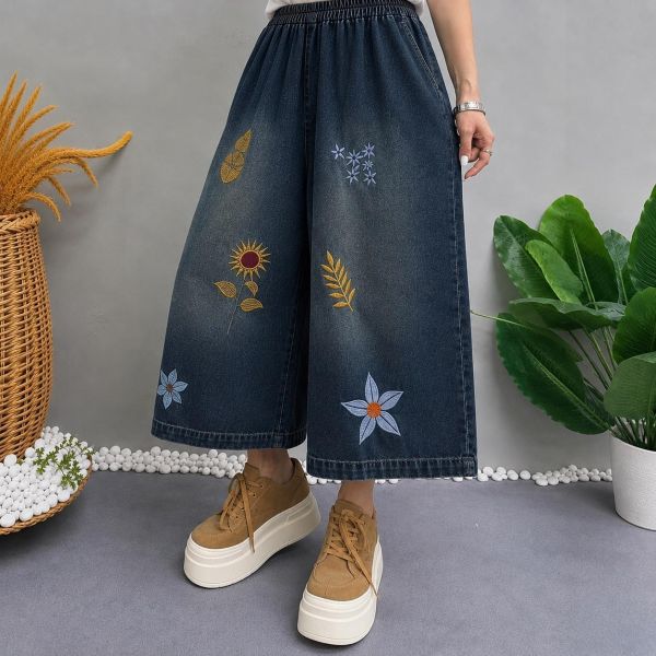 褲子 - F6283 花朵刺繡牛仔八分褲【F碼】 