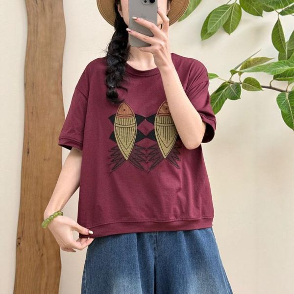 上衣 - F6238 雙魚刺繡拼布短版上衣【F碼】 