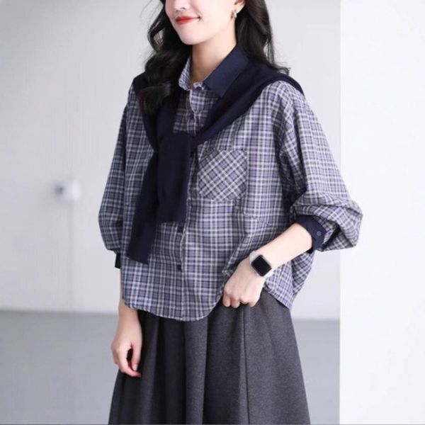 上衣 - F6158 藍紫格紋襯衫(附領巾)【F碼】 