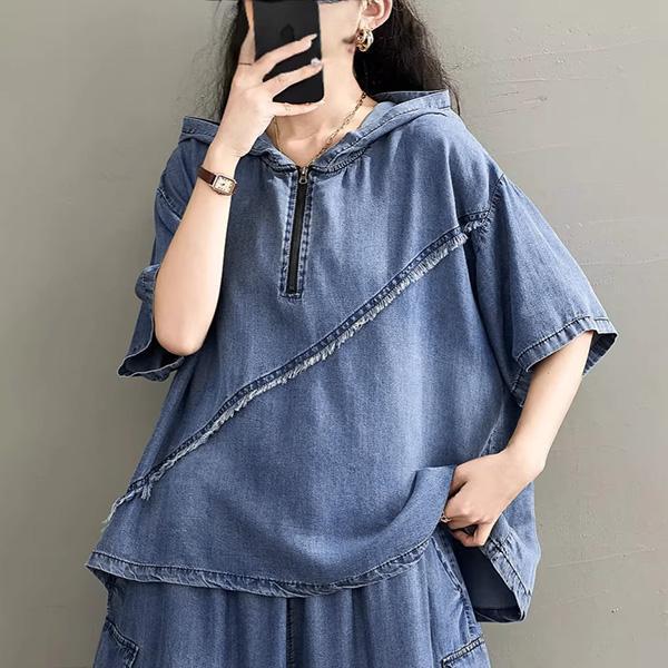 上衣 - F6268 牛仔鬚拉鍊連帽上衣【加大F】 