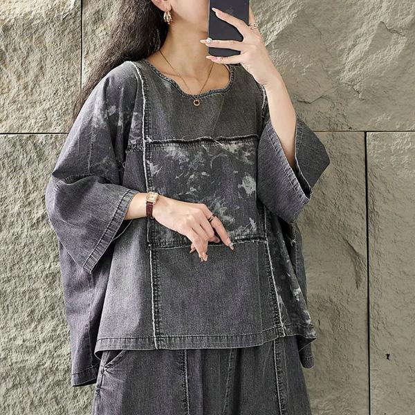 上衣 - F6250 牛仔拼接短版上衣【加大F】 