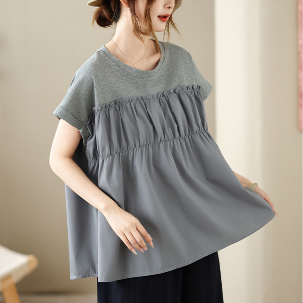 上衣 - A8149 氣質拼接抓褶寬鬆上衣【加大F】 